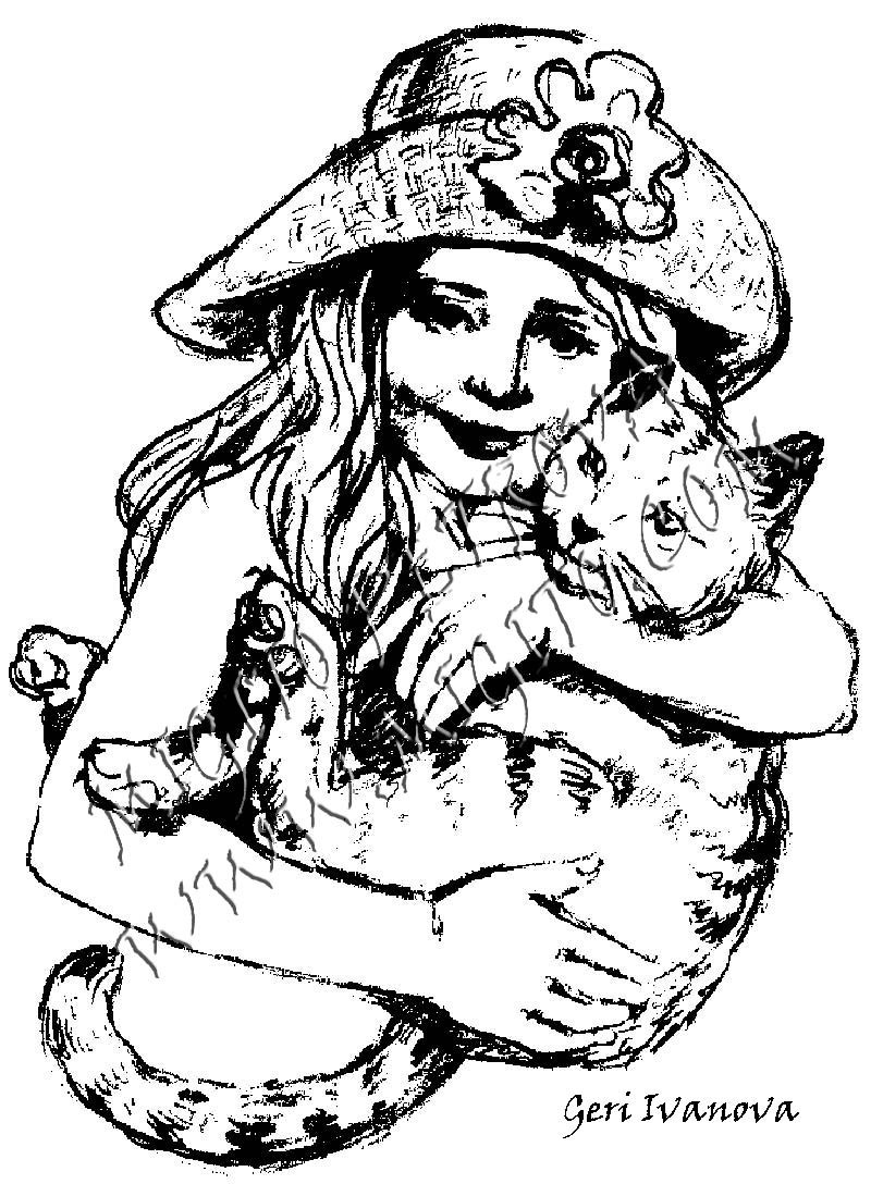 Girl and cat scrapbooking stamp