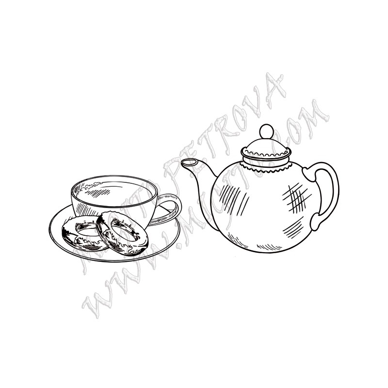 Печат на чаша със сладки и чайник 