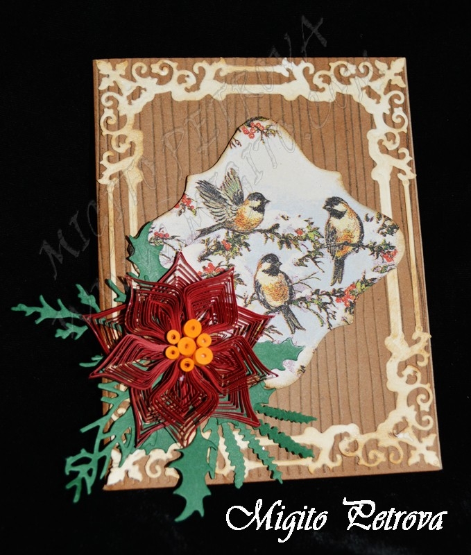 Новогодишна картичка с квилинг елементи и птички
